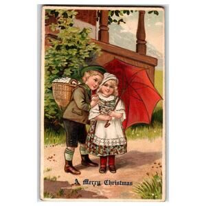 Vintage Embossed Christmas Postcard Children with Red Umbrella Germany